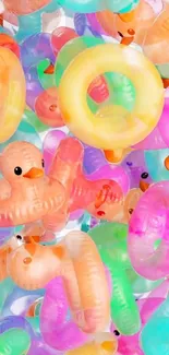 Vibrant mobile wallpaper with colorful inflatable ducks and rings.