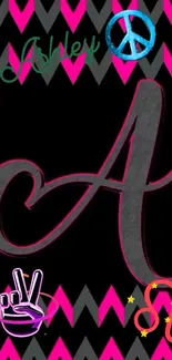 Mobile wallpaper with pink letter A and vibrant patterns.