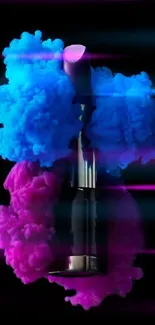 Vibrant blue and purple ink clouds framing a glossy lipstick on black background.