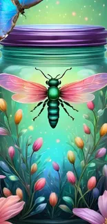 Vibrant insect in a floral jar with colorful backdrop.