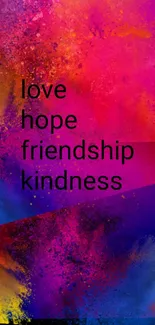 Vibrant wallpaper with words love, hope, and friendship.