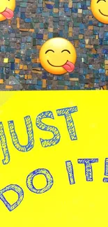 Mosaic background with emojis and 'Just Do It' note.