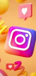 3D Instagram-themed wallpaper with colorful icons on an orange background.