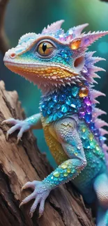 Vibrant iridescent lizard with jewel-like scales on a branch.