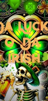 Colorful Irish wallpaper with shamrocks, skeleton, and beer.