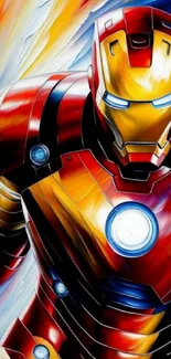 Dynamic Iron Man armor wallpaper with vibrant red hues and intricate detailing.