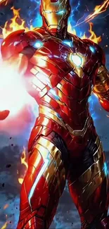 Iron Man in vibrant red and gold armor with fiery effects.