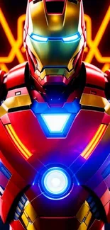 Iron Hero with glowing suit and neon backdrop.