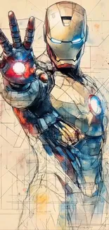 Iron Man sketch with vibrant colors, extending hand.