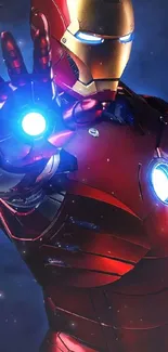 Vibrant iron suit with glowing lights on a futuristic mobile wallpaper.