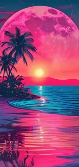 Pink moon over tropical beach with vibrant sunset.