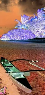 Inverted color island sunset with a canoe.