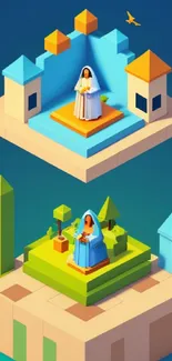 Isometric art wallpaper with colorful geometric shapes and serene statues.