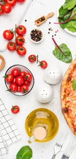 Colorful Italian pizza with tomatoes and herbs on a white background.