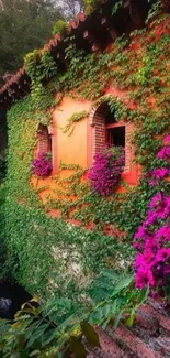 Ivy-covered wall with vibrant green and purple flowers.