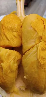 Close-up view of a ripe jackfruit interior with rich yellow texture.