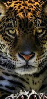 Vivid jaguar portrait on phone wallpaper, showcasing wild beauty.