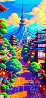 Colorful Japanese cityscape with mountain view and vibrant buildings.