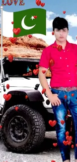 A young man standing near a Jeep with floating red hearts and a flag backdrop.