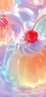 Colorful jelly dessert with cherry topping.