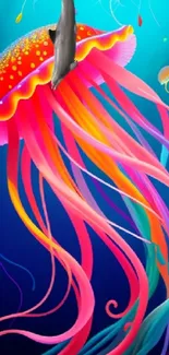 Vibrant jellyfish in colorful underwater art wallpaper with bright pink and blue hues.