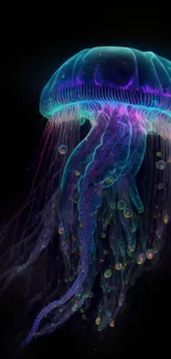 A vibrant jellyfish glows in neon colors on a black background, creating a stunning effect.