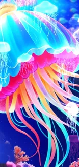 Vibrant jellyfish with colorful tentacles in ocean-themed wallpaper.