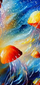 Vibrant jellyfish in an abstract ocean art wallpaper.