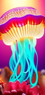 Vibrantly colored jellyfish with glowing tentacles in a neon underwater setting.