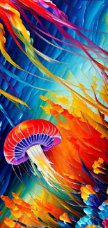 Vibrant abstract jellyfish in colorful underwater scene.