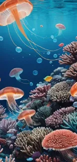 Colorful coral reef with vibrant jellyfish.