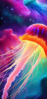 Vibrant jellyfish floating in a colorful cosmic scene, perfect for mobile wallpaper.