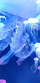 Vibrant ocean blue jellyfish in deep sea wallpaper.