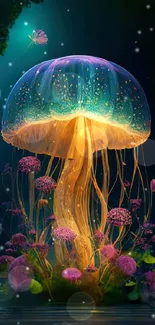 Fantasy jellyfish mobile wallpaper with glowing colors and underwater scenery.