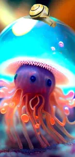 Colorful jellyfish with glowing dome and snail in fantasy artwork.