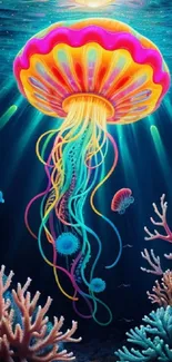 Colorful neon jellyfish in vibrant underwater fantasy art scene.