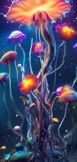 Fantasy jellyfish glowing in vibrant neon hues against a starry backdrop.