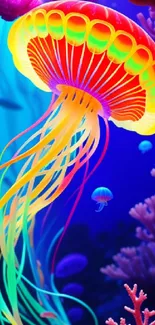 Vibrant jellyfish with colorful glow in deep blue underwater scene.