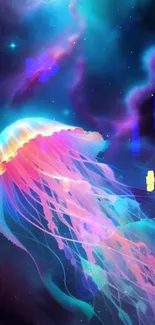 Vibrant jellyfish floating in a cosmic galaxy backdrop.