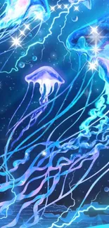 Neon jellyfish and stars in a blue galaxy-themed wallpaper.