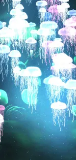 Vibrant jellyfish glowing in an underwater scene with teal and pink hues.