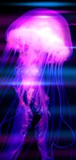 Glowing pink jellyfish in the dark ocean depths, perfect for vibrant mobile wallpaper.