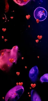 Vibrant jellyfish with heart shapes on dark blue wallpaper.