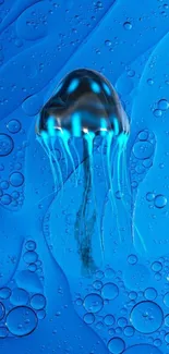 Vibrant glowing jellyfish against blue ocean background.