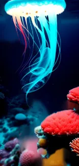 Glowing jellyfish over vibrant coral reef underwater.