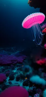 Glowing jellyfish in deep ocean with vibrant corals.