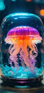 Glowing jellyfish in a glass dome with vibrant colors and oceanic theme.