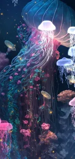 Colorful jellyfish with flowing tentacles in a starry ocean scene.