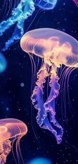 Colorful bioluminescent jellyfish at night.