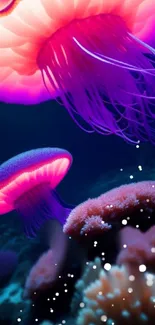 Vibrant purple glowing jellyfish in an enchanting underwater scene.